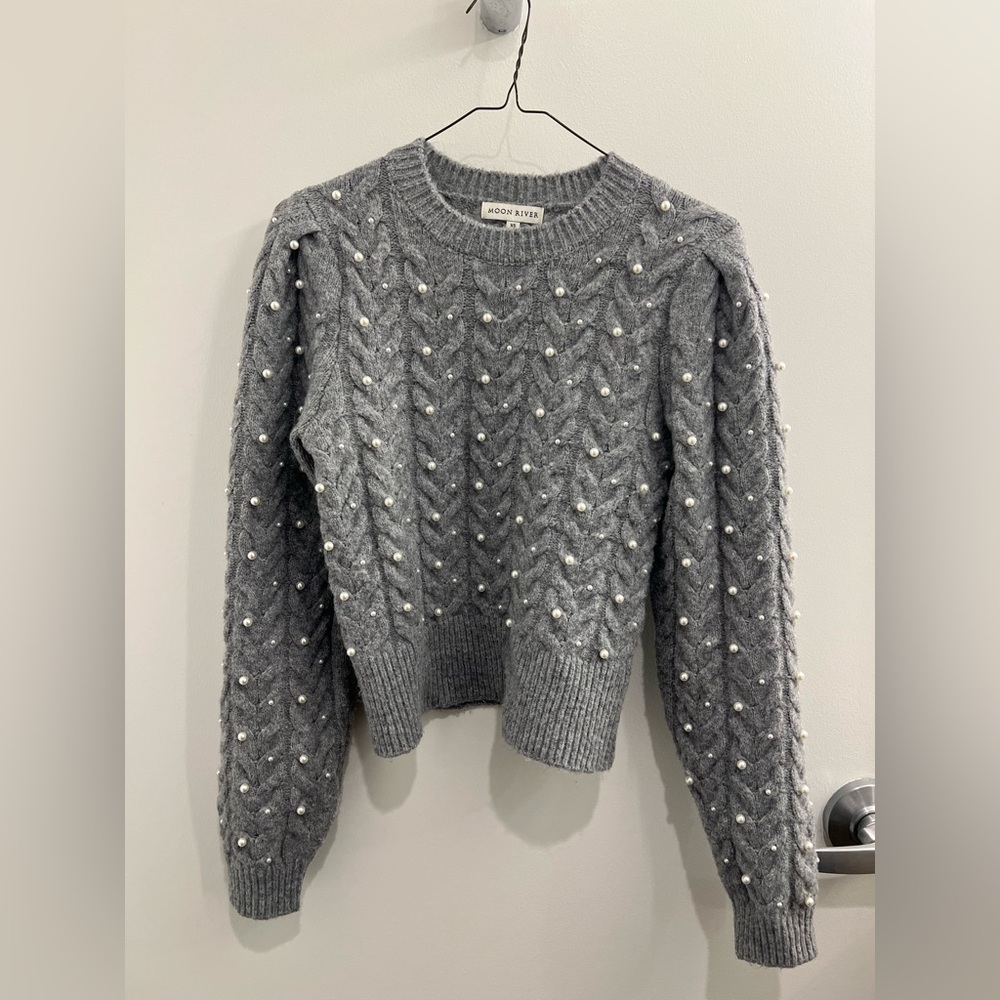 Moon River Charcoal Sweater with Pearl Details